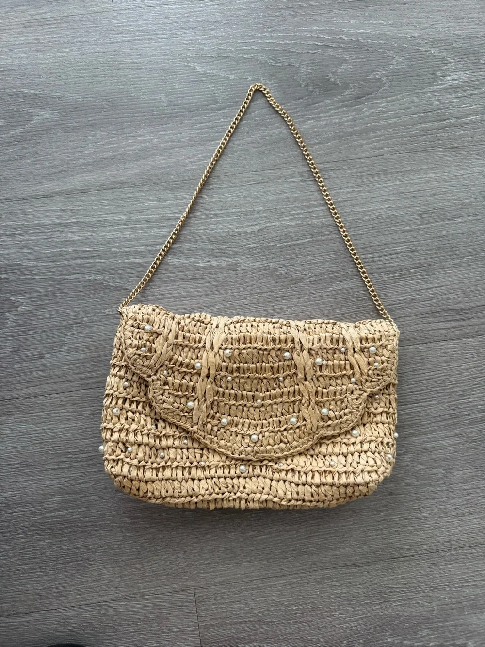 Jcrew Woven Straw Shoulder Bag with Gold Chain - Natural
